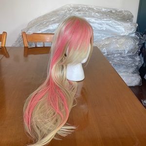 Blonde and Hot Wig cotton candy pole dancer Cosplay Costume LONG THICK